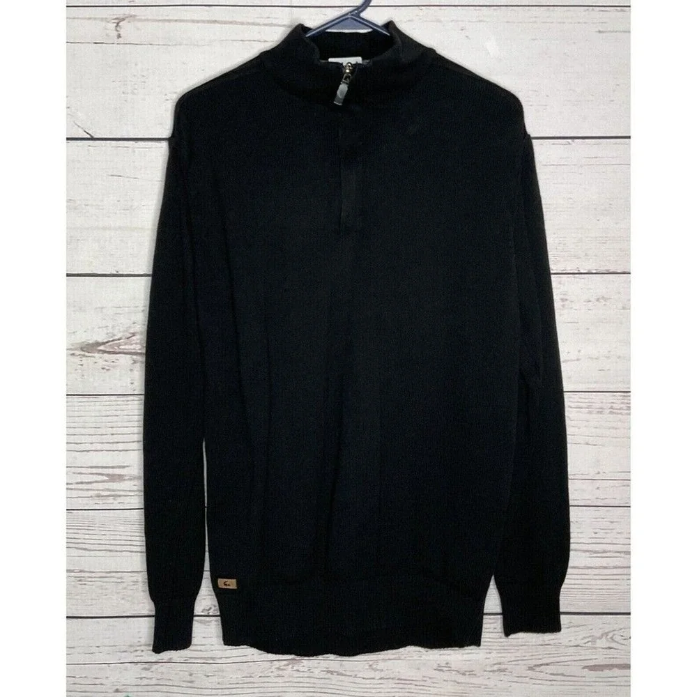 Lacoste‎ Black 1/4 Zip MockNeck Sweater Pullover Men 6/L Peru Cotton/Wool